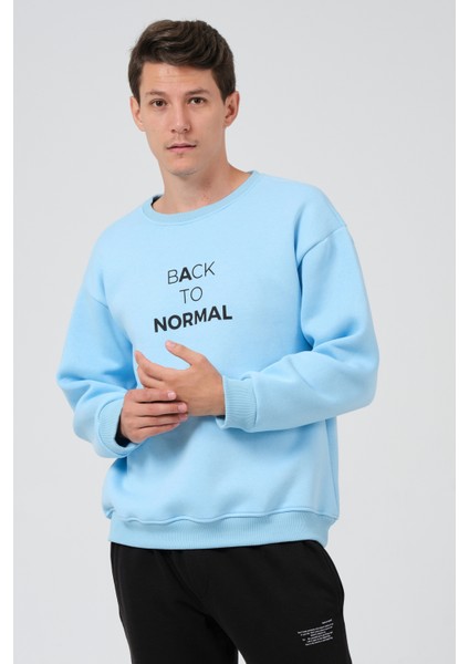 Erkek Açık Mavi Oversize Fit Bisiklet Yaka Baskılı Içi Yumuşak Tüylü Sweatshirt RF0202