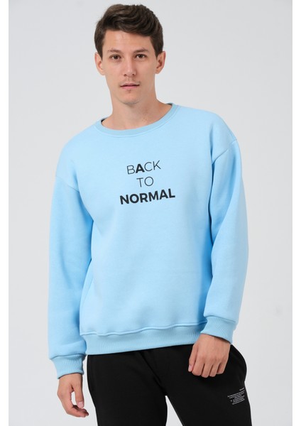 Erkek Açık Mavi Oversize Fit Bisiklet Yaka Baskılı Içi Yumuşak Tüylü Sweatshirt RF0202 modelleri