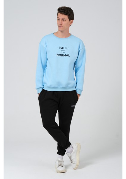 Erkek Açık Mavi Oversize Fit Bisiklet Yaka Baskılı Içi Yumuşak Tüylü Sweatshirt RF0202 fırsatları