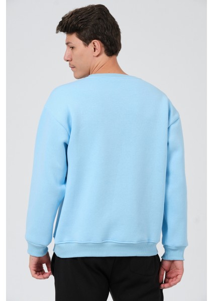 Erkek Açık Mavi Oversize Fit Bisiklet Yaka Baskılı Içi Yumuşak Tüylü Sweatshirt RF0202 indirimleri