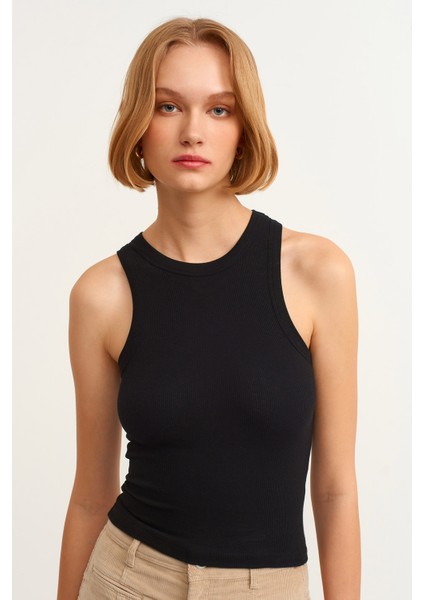 Kadın Siyah Fitilli T-Shirt Halter Yaka Örme Atlet modelleri
