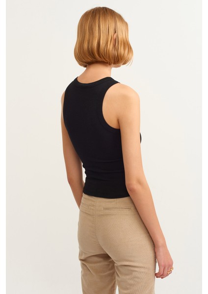 Kadın Siyah Fitilli T-Shirt Halter Yaka Örme Atlet fırsatları