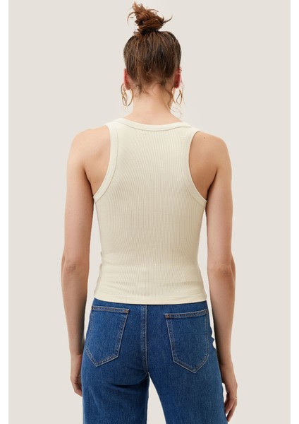 Kadın Kırık Beyaz Fitilli T-Shirt Halter Yaka Örme Atlet