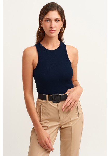 Kadın Koyu Lacivert Fitilli T-Shirt Halter Yaka Örme Atlet