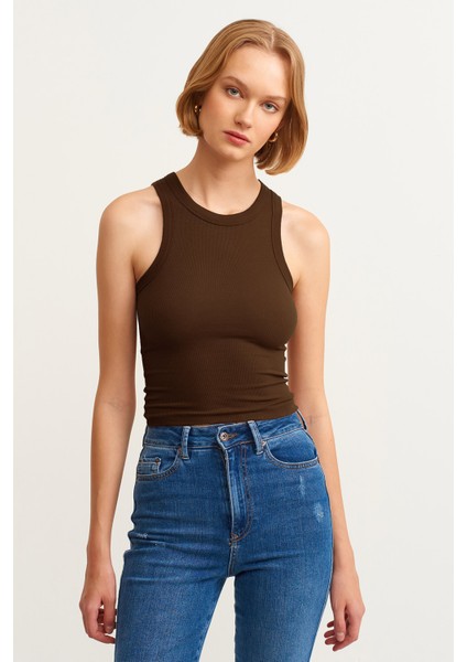 Kadın Koyu Kahve Fitilli T-Shirt Halter Yaka Örme Atlet