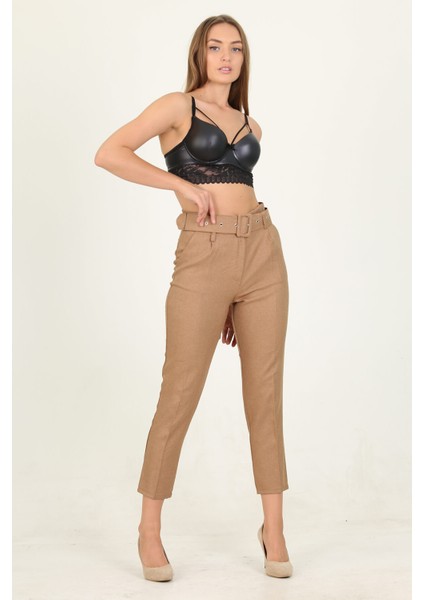 Kadın Camel Cepli Kemer Detaylı Kumaş Pantolon QNS026 fırsatları