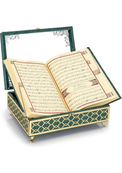 Şeffaf Pleksili Kadife Kaplı Sandıklı Çeyizlik Kuranı Kerim Seti - Yeşil (Ciltli) modelleri