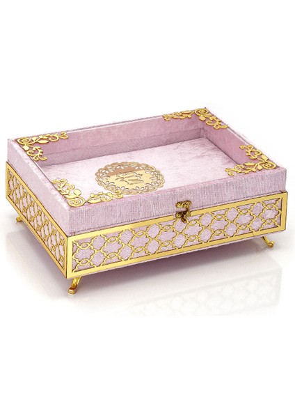 Şeffaf Pleksili Kadife Kaplı Sandıklı Çeyizlik Kuranı Kerim Seti - Pembe (Ciltli)