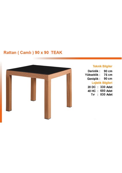 Bambu Rattan Masa 90X90 Antrasit Camlı Badem Renk