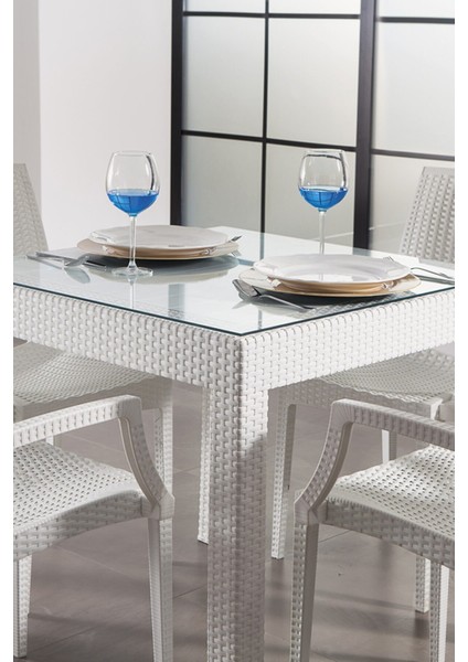 Rattan Masa 80X140 Beyaz Camlı Bahçe Balkon Teras Masası