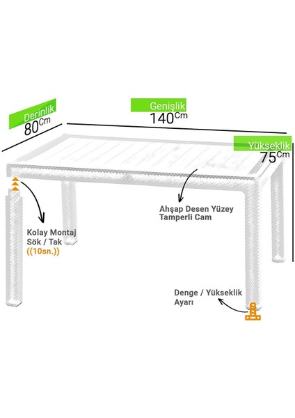 Rattan Masa 80X140 Beyaz Camlı Bahçe Balkon Teras Masası
