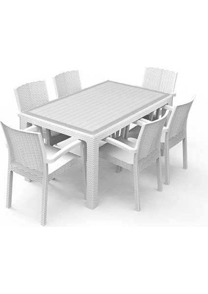 Rattan Masa Takımı 90x150 Camlı Masa 6 Kişilik Sandalye Seti Bahçe Balkon Teras Takımı