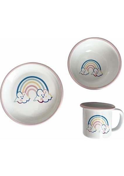 Rainbow Bebek/çocuk Emaye Yemek Seti 3 Parça (Tabak - Kase - Kupa)