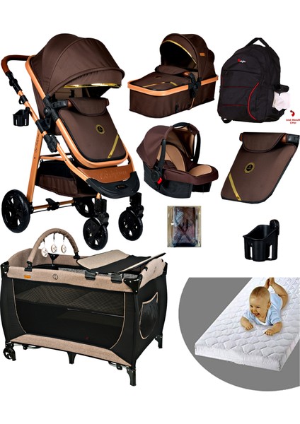 8 in 1 yeni ekonomi paketi Baby Home 940 Travel Sistem Bebek Arabası 560 Bebek Oyun Parkı Yatak Beşik Gold Kahve