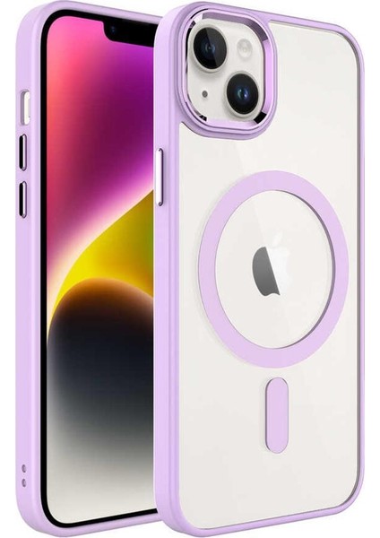 Apple iPhone 14 Plus Kılıf Renkli Kenar Şeffaf Kamera Çevresi Metal Magsafe Tpu Silikon