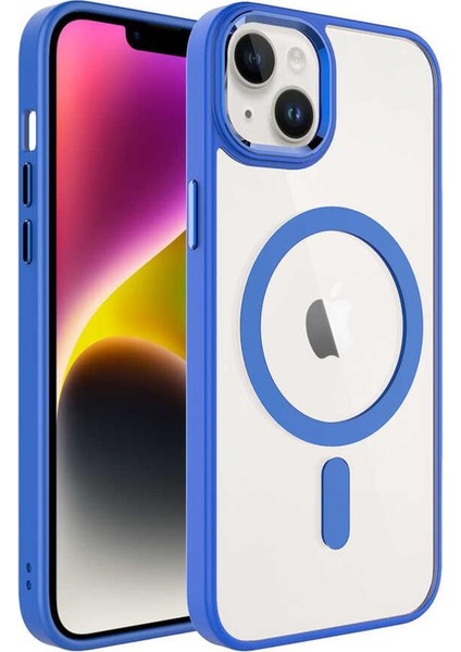 Apple iPhone 14 Plus Kılıf Renkli Kenar Şeffaf Kamera Çevresi Metal Magsafe Tpu Silikon