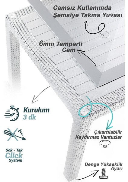 Rattan Masa Takımı 90X150 Camlı Masa 6 Kişilik Rattan Sandalye Bahçe Balkon Teras Takımı Beyaz