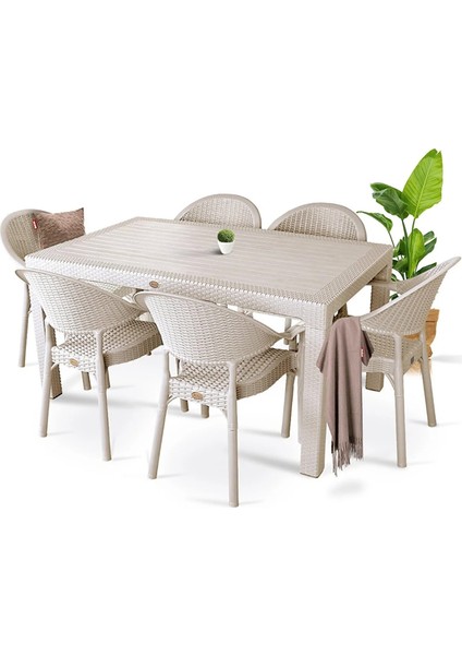 Rattan Masa Takımı 90X150 Camsız Masa Bambu 6 Kişilik Sandalye Seti Bahçe Balkon Masa Takımı Cappuccino