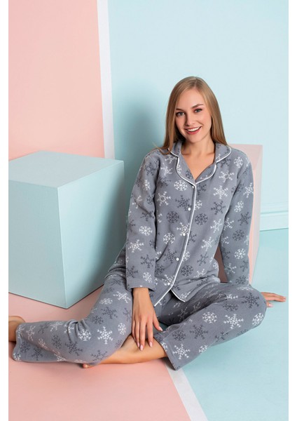 Kadın Kışlık Welsoft Peluş Polar Düğmeli Pijama Takımı