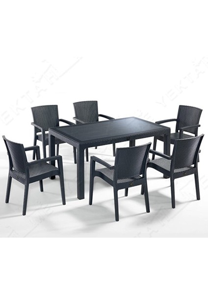 Rattan Masa Takımı 90x150 Camlı Masa 6 Kişilik Sandalye Seti Bahçe Balkon Teras Takımı Antrasit