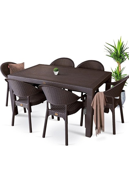 Rattan Masa Takımı 90X150 Camlı Masa 6 Kişilik Sandalye Seti Bahçe Balkon Teras Takımı