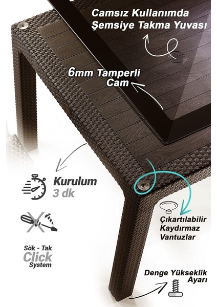 Rattan Masa Takımı 90X150 Camlı Masa 6 Kişilik Sandalye Seti Bahçe Balkon Teras Takımı
