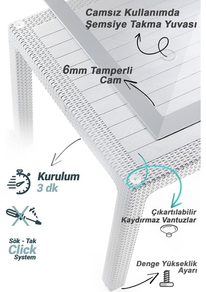 Rattan Camlı Masa Takımı 90X150 Ölçü Masa + 6 Adet Bambu Rattan Koltuk