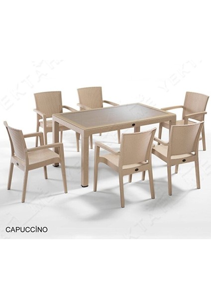 Rattan Masa Takımı 80X140 Camlı Masa 6 Kişilik Sandalye Seti Bahçe Balkon Teras Takımı