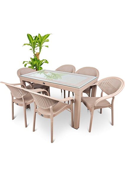 Rattan Masa Takımı 80X140 Camlı Masa 6 Kişilik Sandalye Seti Bahçe Balkon Teras Takımı