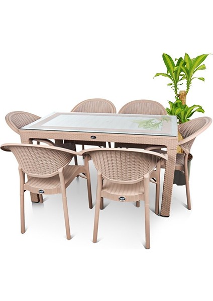 Rattan Masa Takımı 80X140 Camlı Masa 6 Kişilik Sandalye Seti Bahçe Balkon Teras Takımı