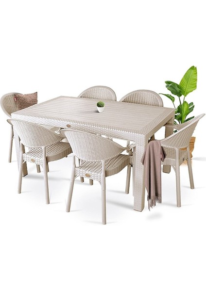 Rattan Masa Takımı 90X150 Camlı Masa 6 Kişilik Bambu Sandalye Seti Bahçe Balkon Teras Takımı Krem