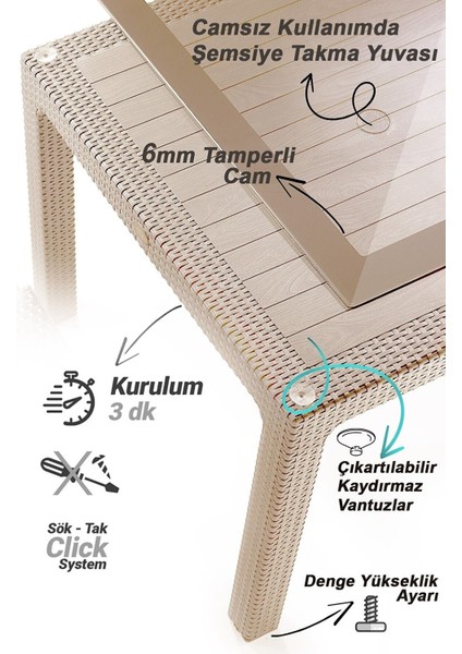 Rattan Masa Takımı 90X150 Camlı Masa 6 Kişilik Bambu Sandalye Seti Bahçe Balkon Teras Takımı Krem