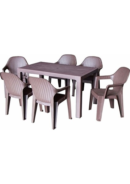 Rattan Masa Takımı 80x140 Camsız Masa 6 Kişilik Sandalye Seti Bahçe Balkon Teras Takımı