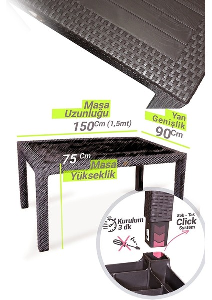 Rattan Masa Takımı 90X150 Camsız Masa 6 Kişilik Sandalye Seti Bahçe Balkon Teras Takımı indirimleri