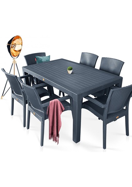 Rattan Masa Takımı 80x140 Camsız Masa 6 Kişilik Rattan Sandalye Seti Bahçe Balkon Teras Takımı