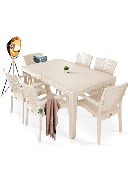 Rattan Masa Takımı 80X140 Camız Masa 6 Kişilik Sandalye Seti Bahçe Balkon Teras Takımı