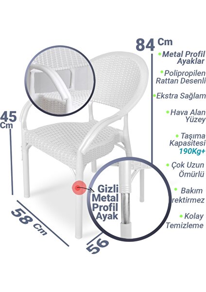 Bambu Rattan Sandalye Kollu Koltuk Dayanıklı Bahçe Balkon ve Teras Sandalyesi Beyaz 2 Adet