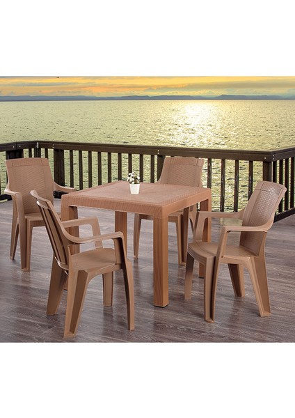 Rattan Masa Takımı 90x90 Camsız Masa 4 Kişilik Sandalye Seti Bahçe Balkon Teras Takımı