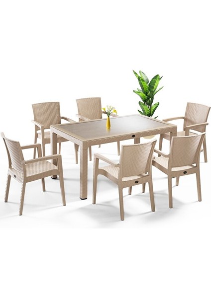 Rattan Masa Takımı 80x140 Camsız Masa 6 Kişilik Rattan Sandalye Seti Bahçe Balkon Teras Takımı