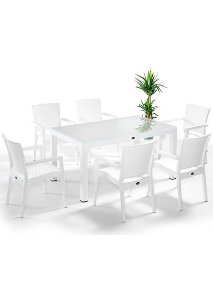 Rattan Masa Takımı 90x150 Camlı Masa 6 Kişilik Sandalye Seti Bahçe Balkon Teras Takımı