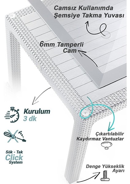 Rattan Masa Takımı 90x150 Camlı Masa 6 Kişilik Sandalye Seti Bahçe Balkon Teras Takımı