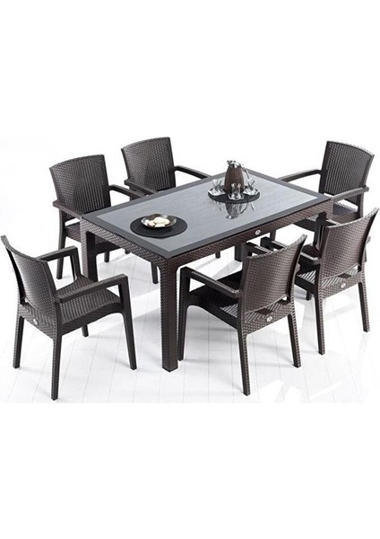 Rattan Masa Takımı 90X150 Camsız Masa 6 Kişilik Sandalye Seti Bahçe Balkon Teras Takımı