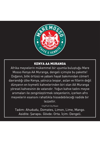 Mare Mosso Kenya AA Muranga Yöresel Çekirdek Filtre Kahve 1 Kg.