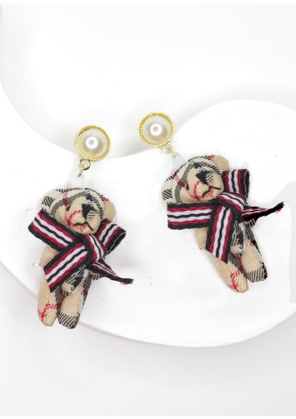 Checked Desenli Teddy Bear Ayıcık Sallantılı Küpe