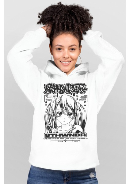 Anime Kız Beyaz Kapüşonlu Kadın Sweatshirt