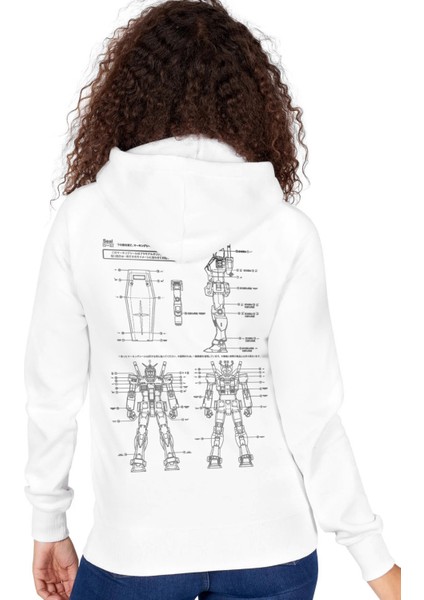 Robotic Beyaz Kapüşonlu Ön ve Arka Baskılı Kadın Sweatshirt