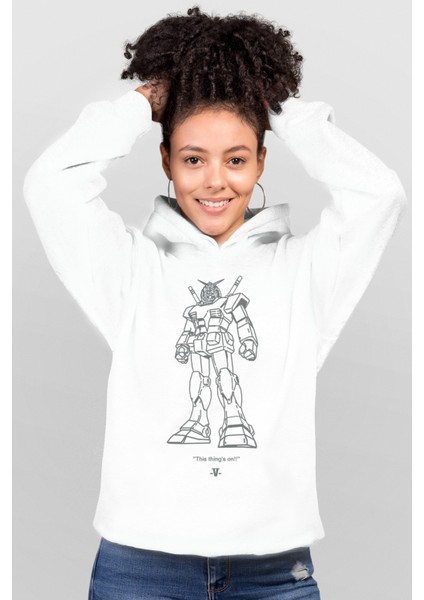 Robotic Beyaz Kapüşonlu Ön ve Arka Baskılı Kadın Sweatshirt