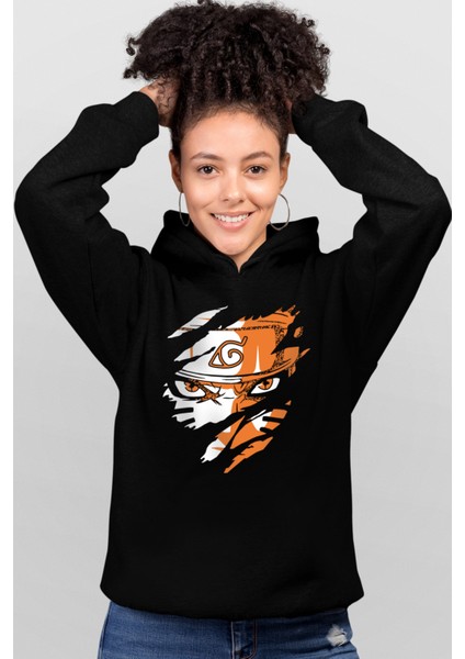 Sert Naruto Siyah Kapüşonlu Kadın Sweatshirt