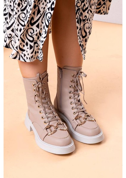 Özel Seri Tokalı Aksesuar Kaymaz Taban Kürk İç Astarlı Rahat Deri Amelya Kadın Bej Günlük Şık Bot fiyatları