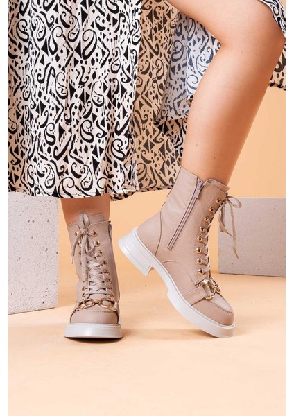 Özel Seri Tokalı Aksesuar Kaymaz Taban Kürk İç Astarlı Rahat Deri Amelya Kadın Bej Günlük Şık Bot modelleri